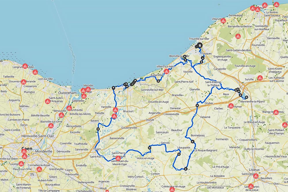 Roadmap for the cycling tour of the Pays d’Auge in Normandy