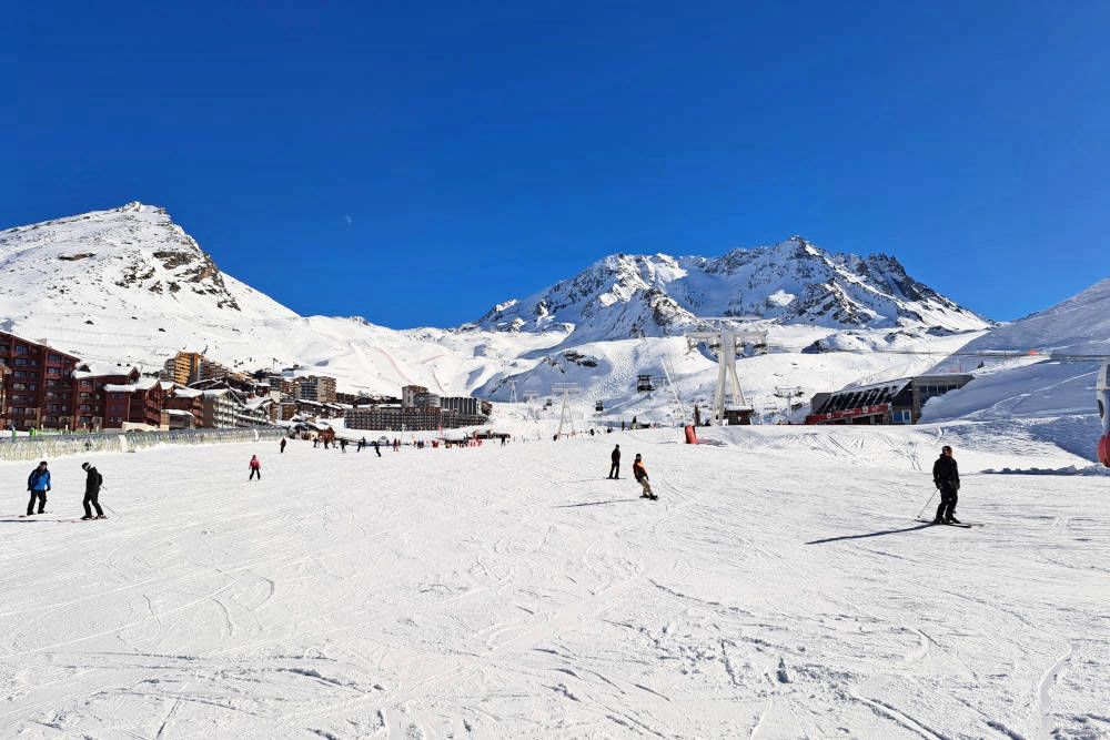 Skiing in a village